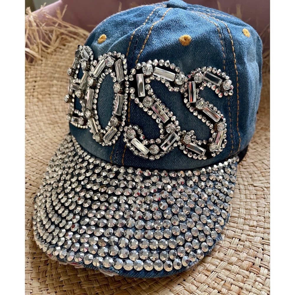 Jeans Rhinestones Jewels BOSS Frayed Hat Cap